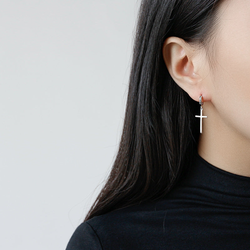 Minimalist Cross Drop Hoop Earrings – image 4