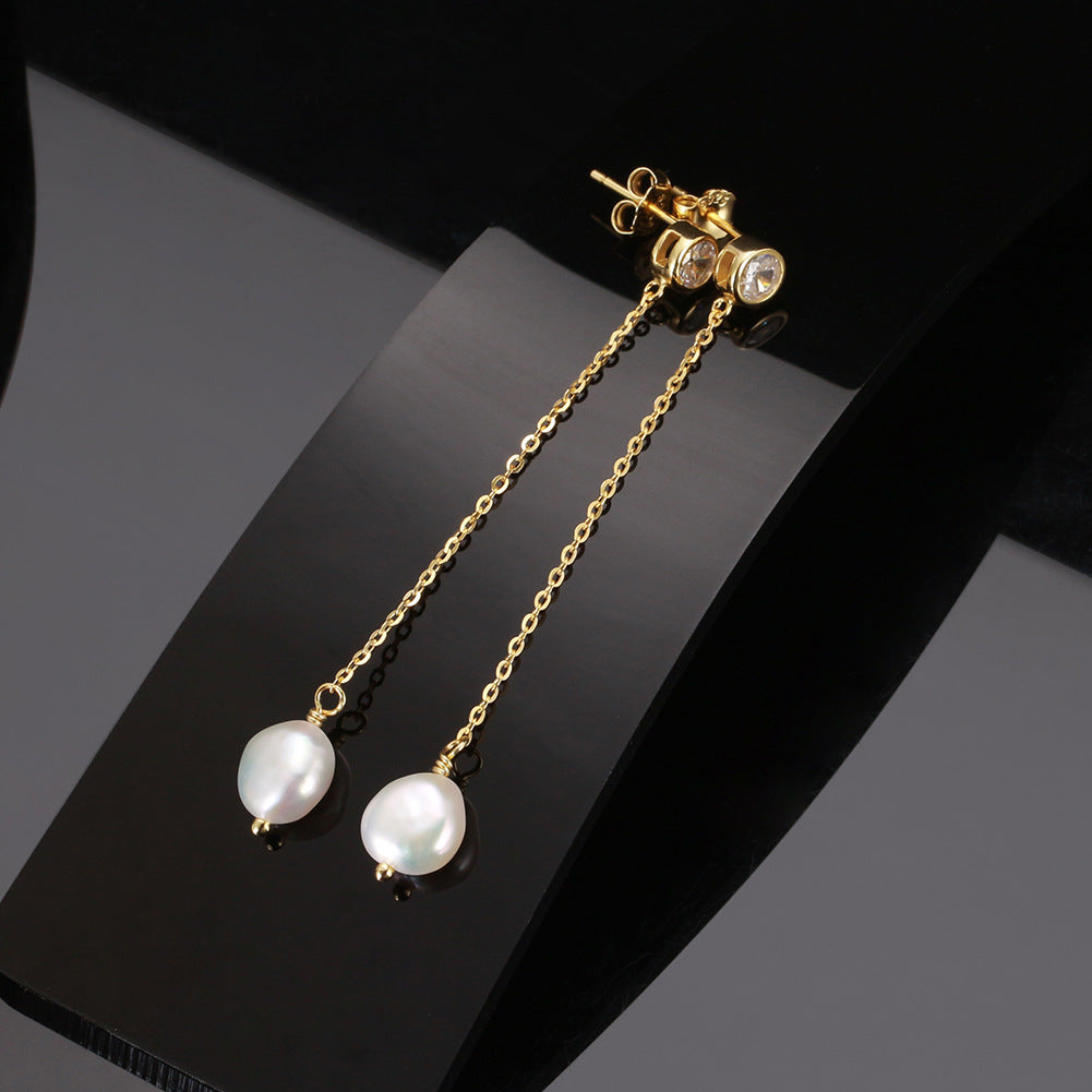 CZ Freshwater Pearl Chain Drop Earrings – wholesale earrings in bulk