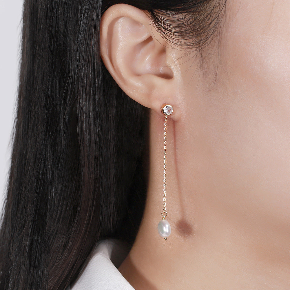 CZ Freshwater Pearl Chain Drop Earrings – detail view 3