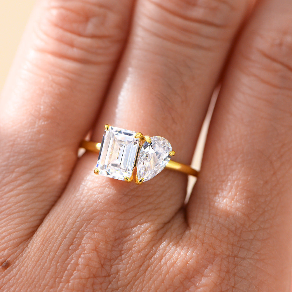 Emerald and Heart Cut CZ Toi et Moi Ring – image 5
