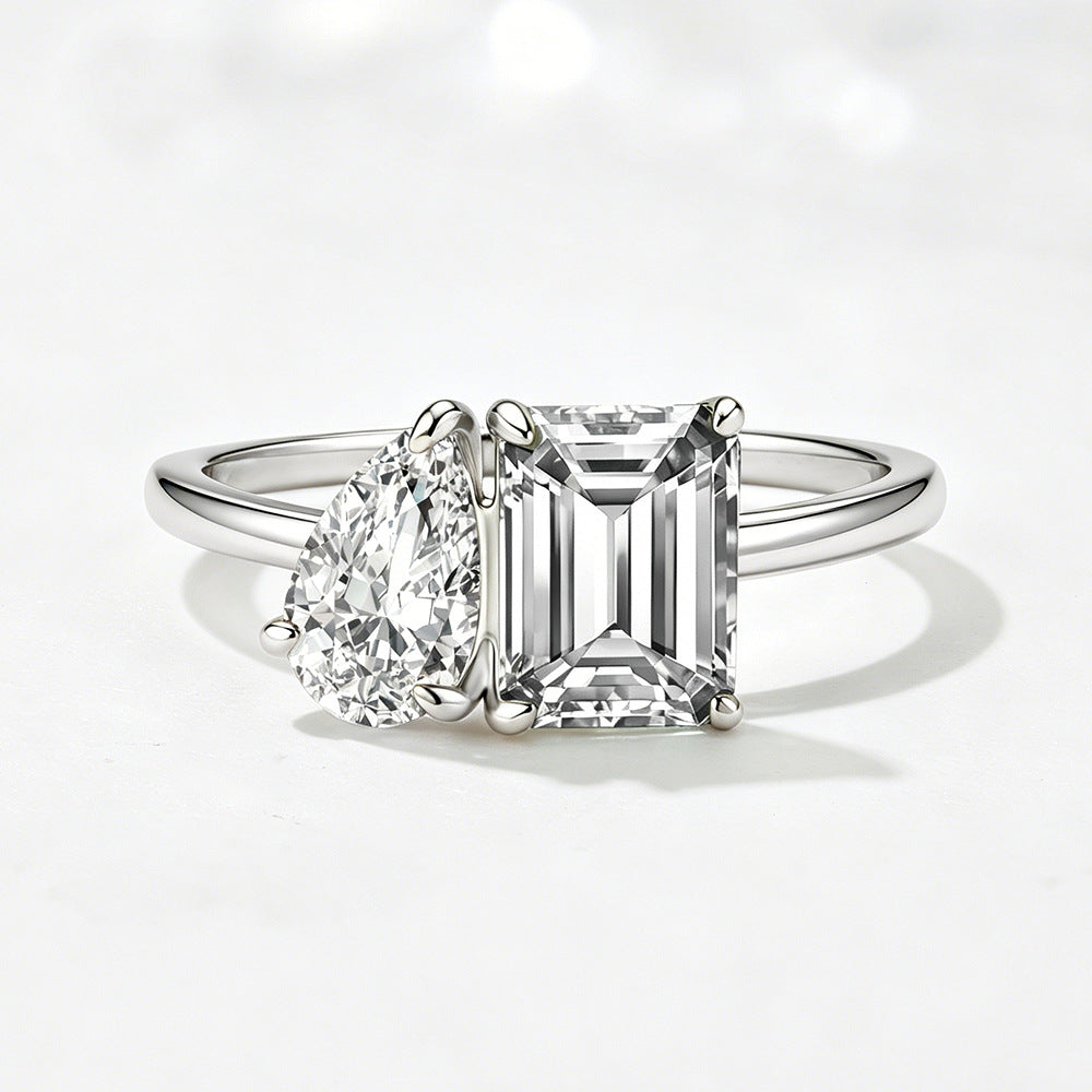 Emerald and Heart Cut CZ Toi et Moi Ring – image 7