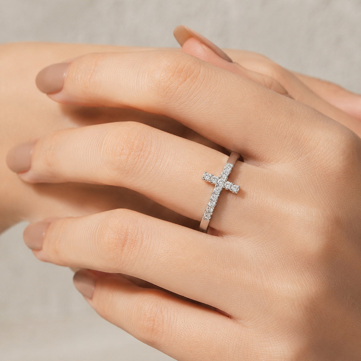 Modern Lab Grown Diamond Cross Ring – detail view 3