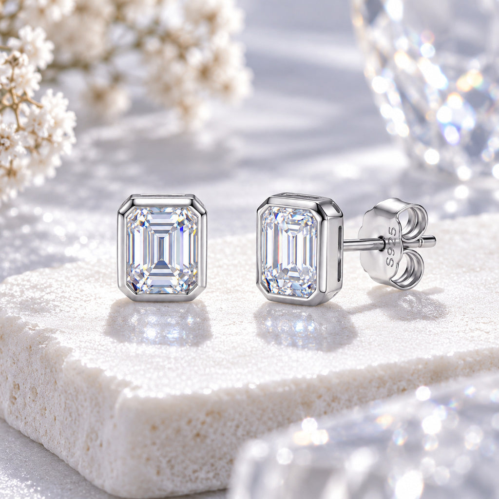 Emerald Cut Rectangle Moissanite Stud Earrings – detail view 3