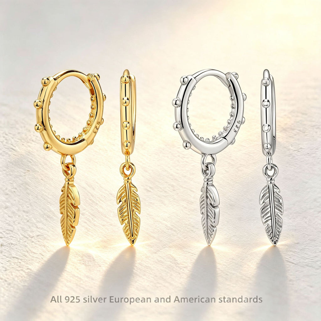 Feather Charm Beaded Hoop Earrings