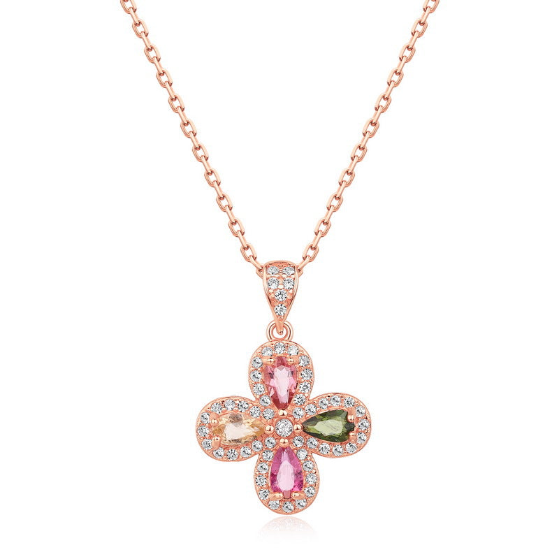 Four-Leaf Clover Colorful Tourmaline Pendant Necklace