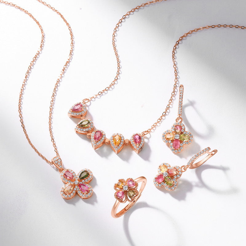 Four-Leaf Clover Colorful Tourmaline Pendant Necklace – image 4