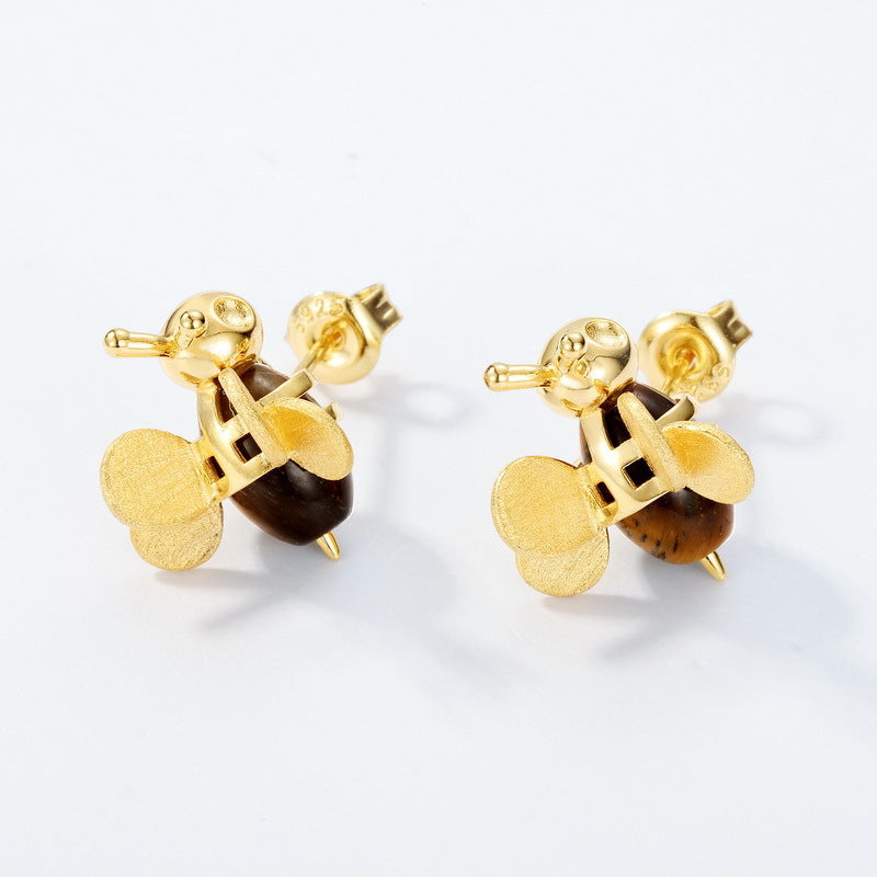 Gold-Plated Bee Earrings with Tiger Eye Stone – gemstone jewelry supplier