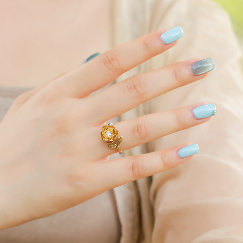 Gold-Plated Camellia Zircon Ring – wholesale silver rings