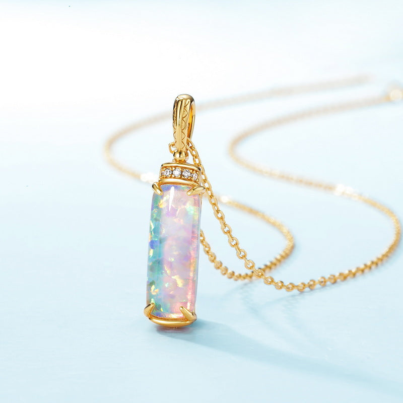 Gold-Plated Cylindrical Opal and Green Moss Pendant Necklace
