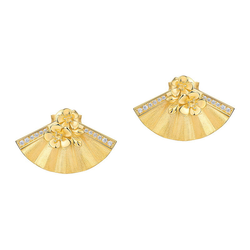 Gold-Plated Fan-Shaped Flower Zircon Earrings