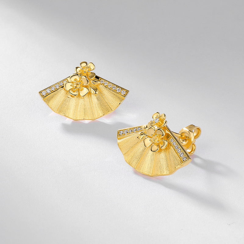Gold-Plated Fan-Shaped Flower Zircon Earrings – stud earrings in bulk
