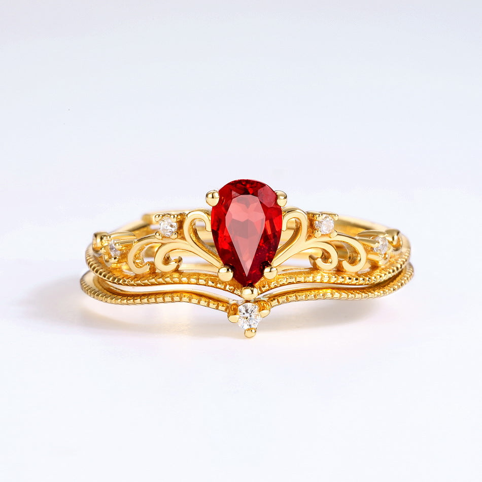 Gold-Plated Garnet Crown Zircon Ring