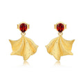 Gold-Plated Garnet Fan-Shaped Ginkgo Leaf Earrings