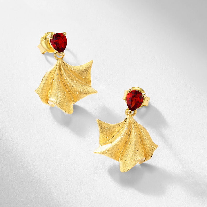 Gold-Plated Garnet Fan-Shaped Ginkgo Leaf Earrings – gemstone jewelry supplier