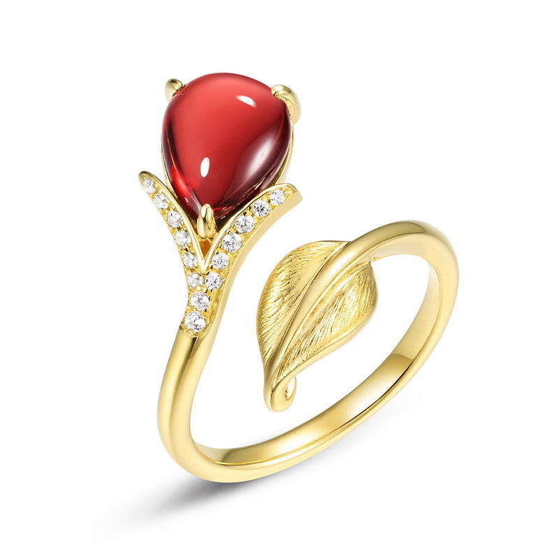 Gold-Plated Garnet Leaf Shape Ring