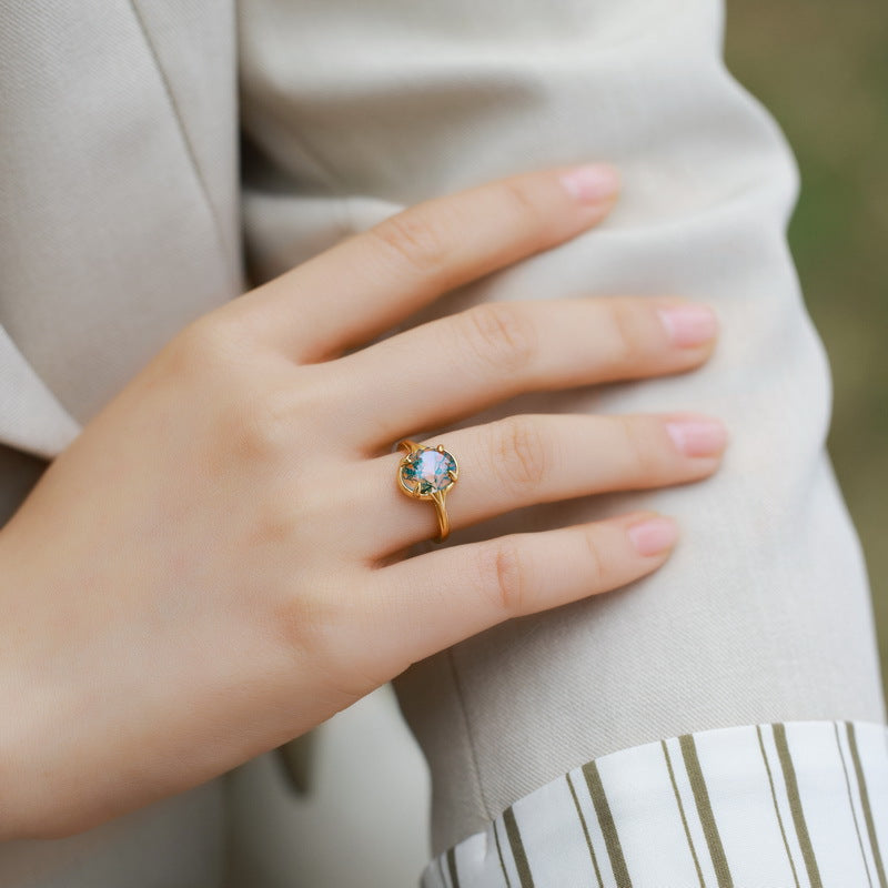 Gold-Plated Geometric Green Moss Ring – wholesale silver rings