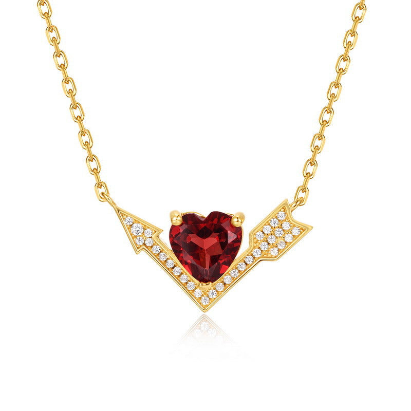 Gold Plated Heart-Piercing Garnet Pendant Zircon Necklace