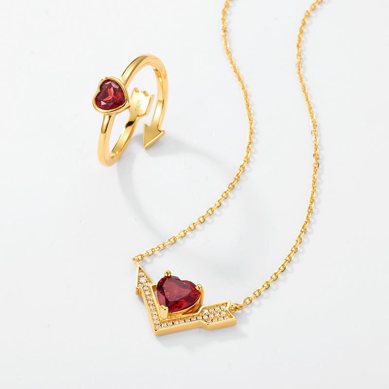 Gold Plated Heart-Piercing Garnet Pendant Zircon Necklace – image 4