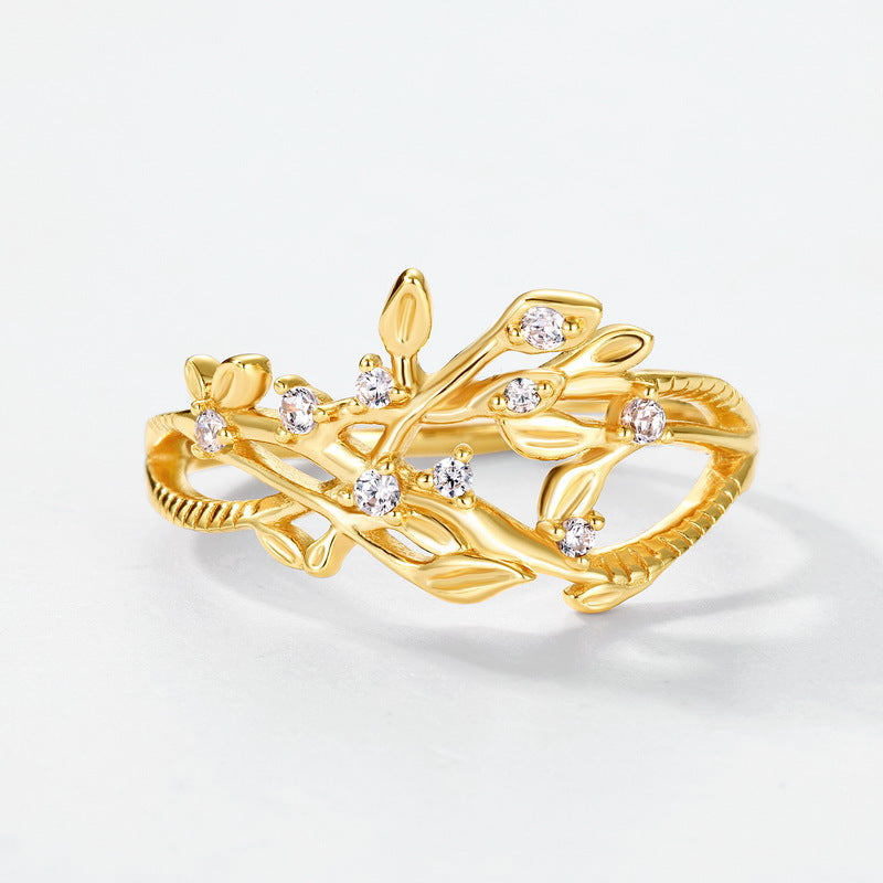 Gold-Plated Hollow Leaf Vine Zircon Ring