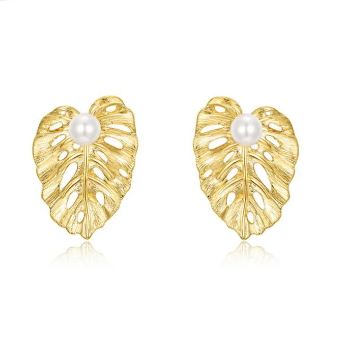 Gold-Plated Leaf and Pearl Earrings