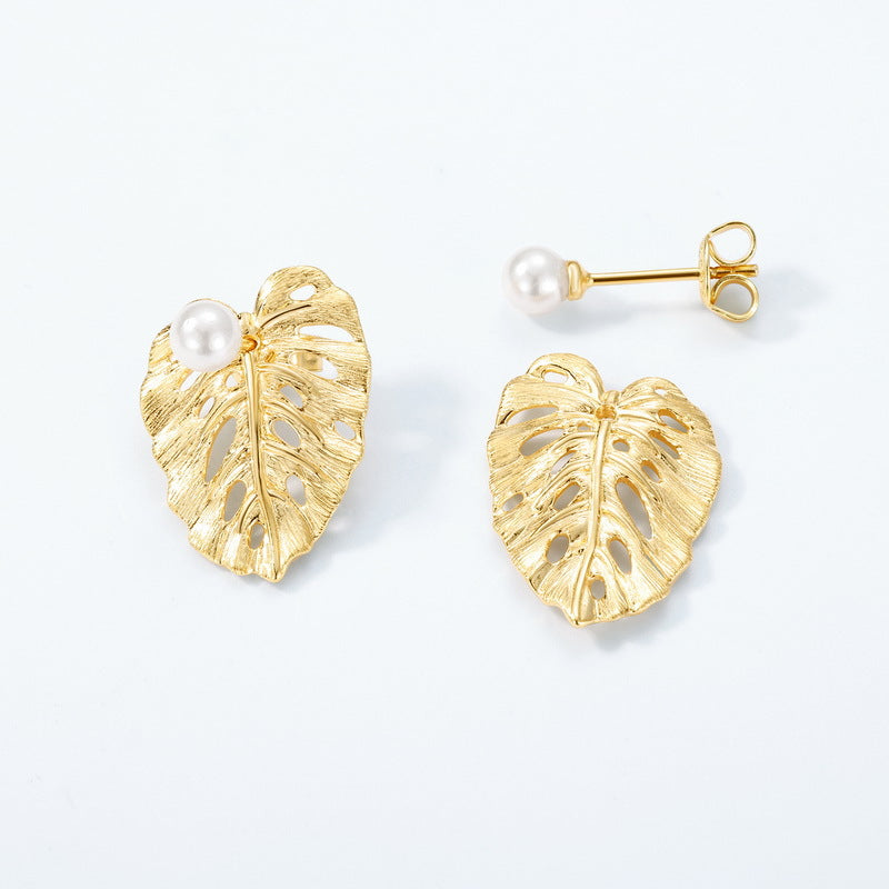 Gold-Plated Leaf and Pearl Earrings – pearl earrings wholesale