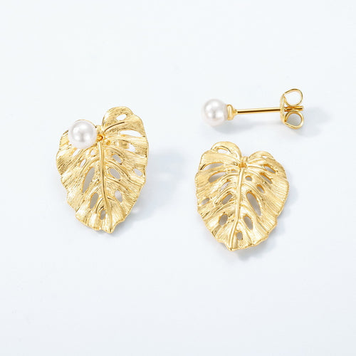 Gold-Plated Leaf and Pearl Earrings – pearl earrings wholesale