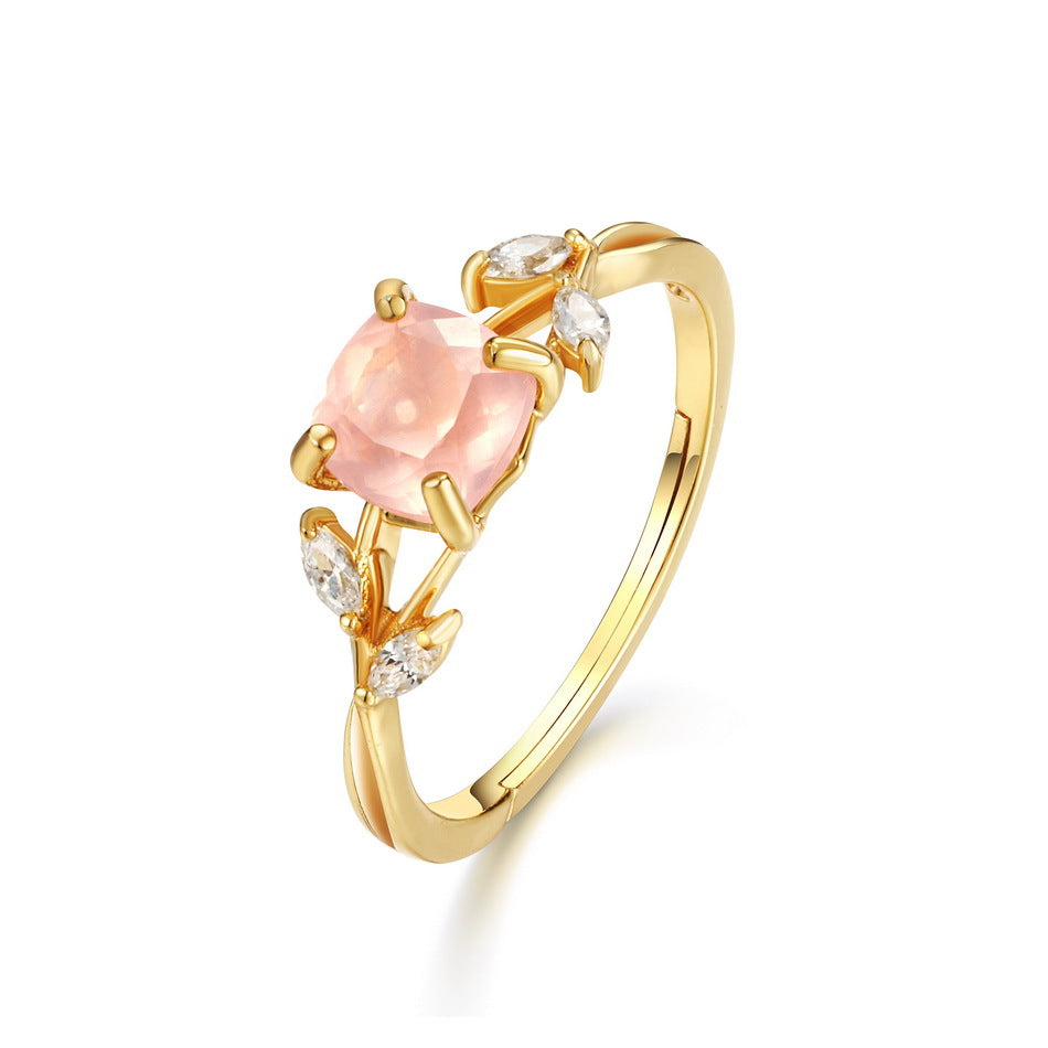 Gold-Plated Natural Rose Quartz Leaf Zircon Ring