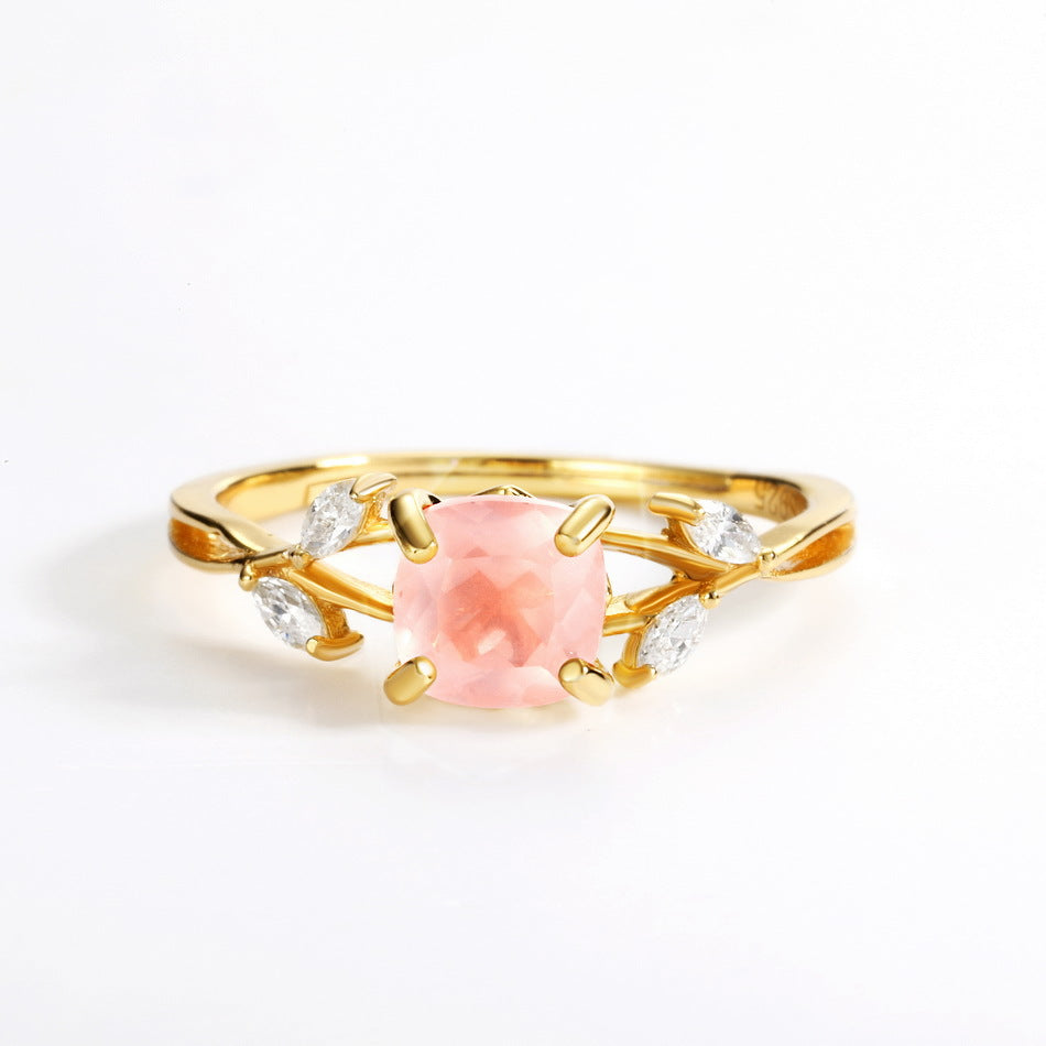 Gold-Plated Natural Rose Quartz Leaf Zircon Ring – gemstone jewelry supplier