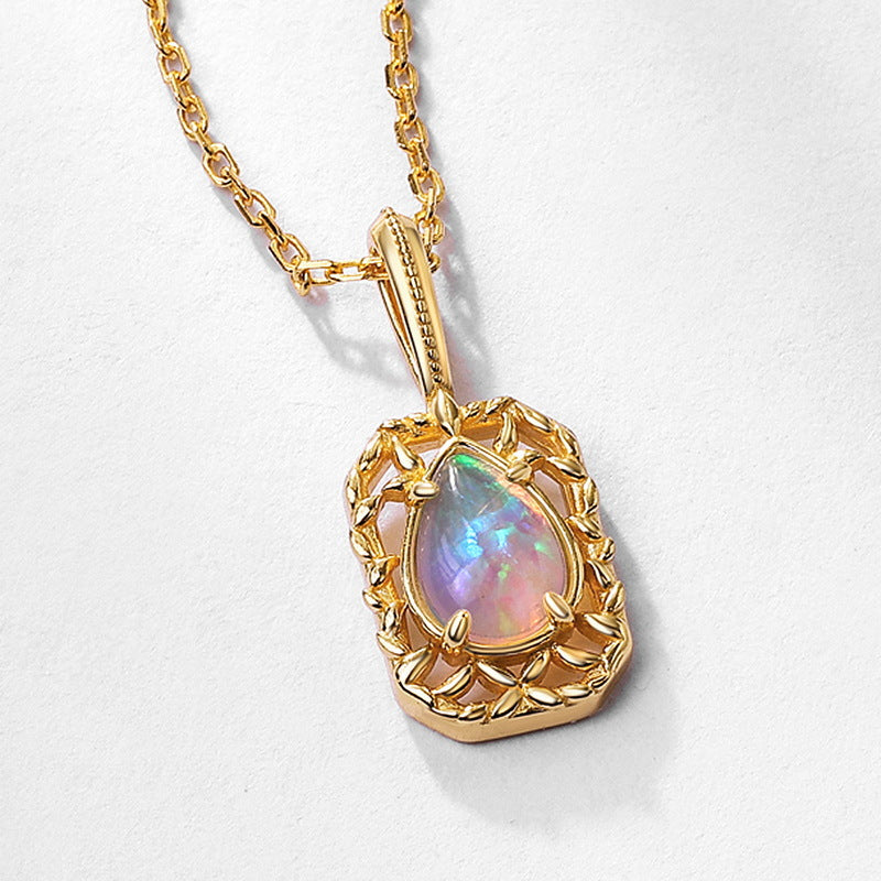 Gold-Plated Openwork Opal Pendant Necklace – wholesale silver necklaces