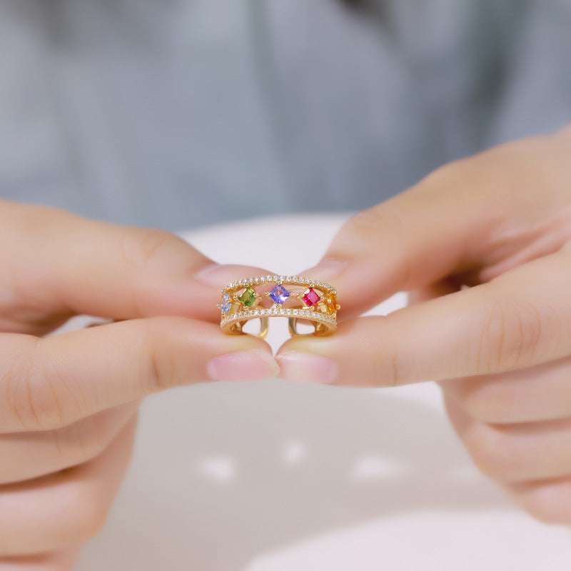 Gold-Plated Rainbow Zircon Halo Ring – wholesale silver rings