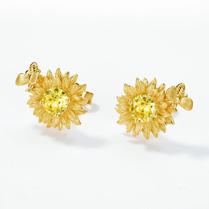 Gold-Plated Sunflower Earrings Set with Yellow Zircon – stud earrings in bulk