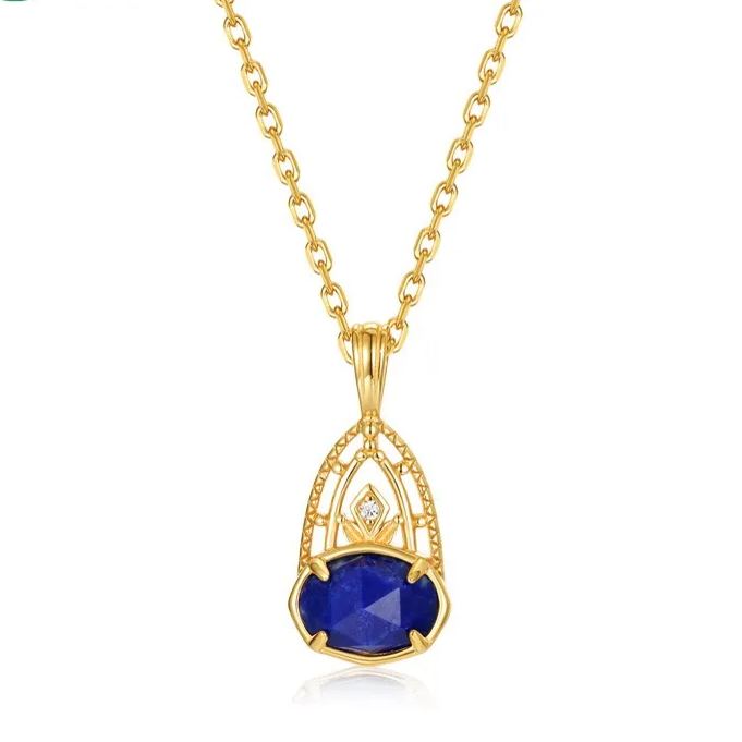 Gold-Plated Vintage Natural Lapis Lazuli Pendant Necklace
