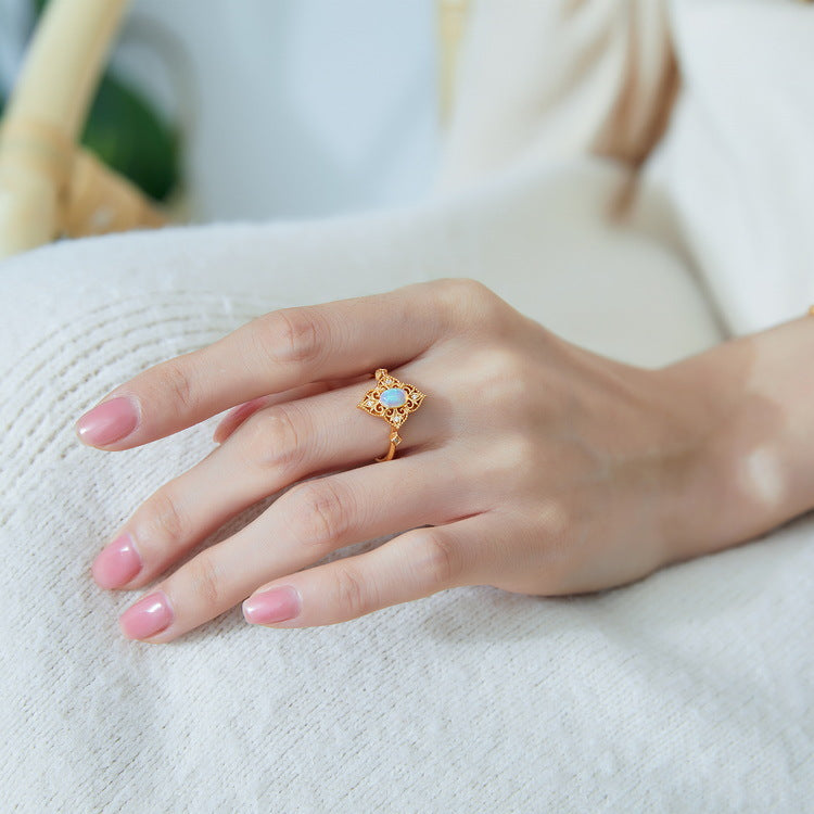 Gold-Plated Vintage Style Natural Opal Zircon Ring – gemstone jewelry supplier
