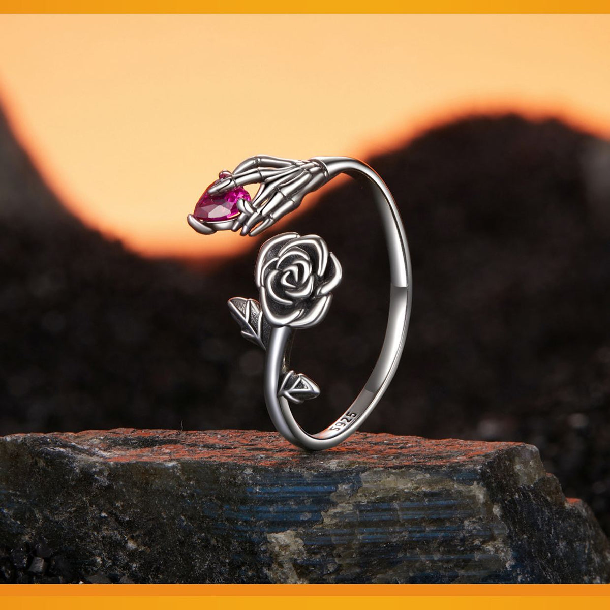 Halloween Rose & Skull Hand Open Adjustable Ring