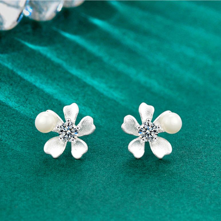 Moissanite & S925 Sterling Silver Orchid Pearl Stud Earrings