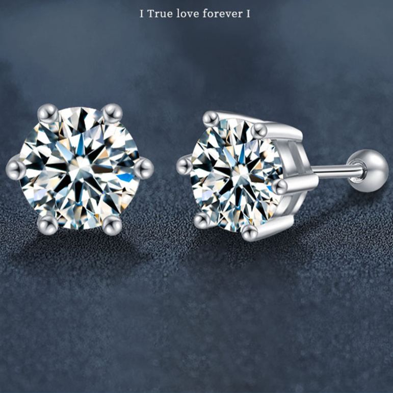 S925 Silver Threaded Stud Earrings — Classic Six-Prong Moissanite Studs