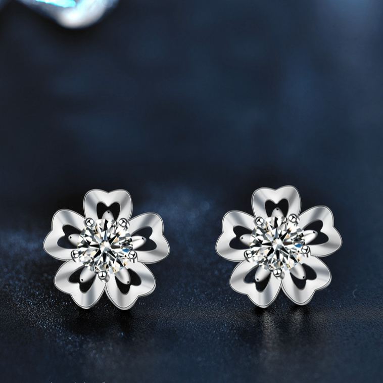 Summer Artistic-Style Moissanite Earrings — Cherry Blossom Studs for Women