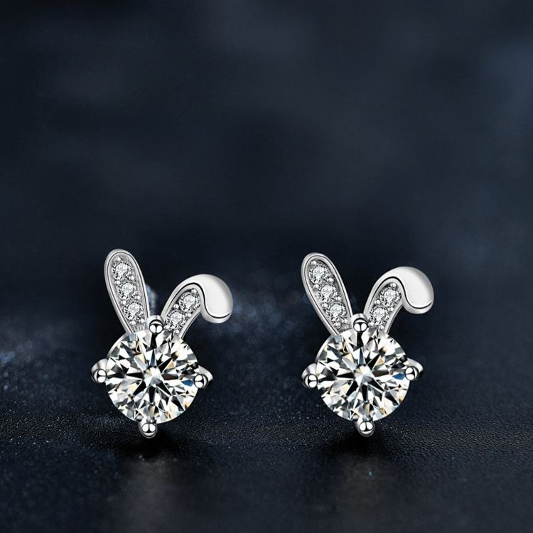 S925 Sterling Silver Cute Rabbit Stud Earrings with Moissanite