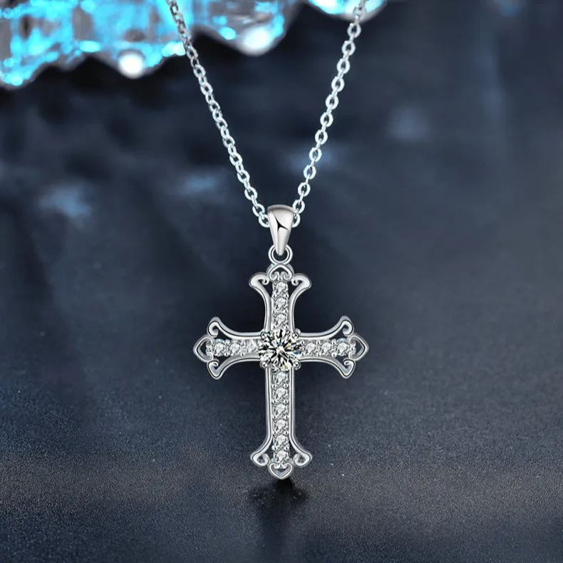 S925 Sterling Silver Moissanite Cross Pendant Necklace