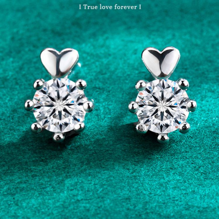 925 Sterling Silver Heart-Shaped Six-Prong Moissanite Earrings