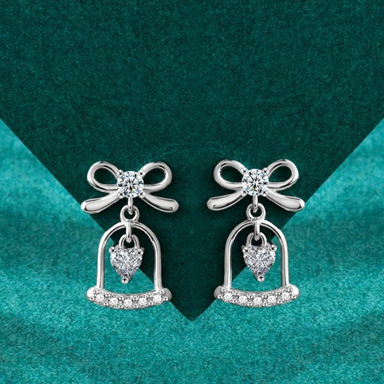 S925 Sterling Silver Moissanite Bow Bell Earrings Christmas Jewelry
