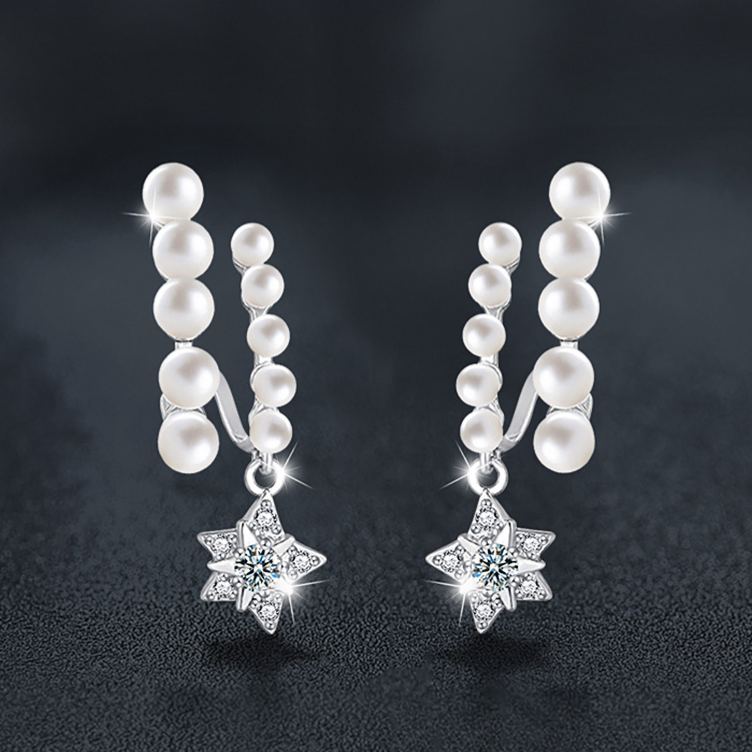 French elegance S925 sterling silver moissanite five-pointed star double-row pearl stud earrings