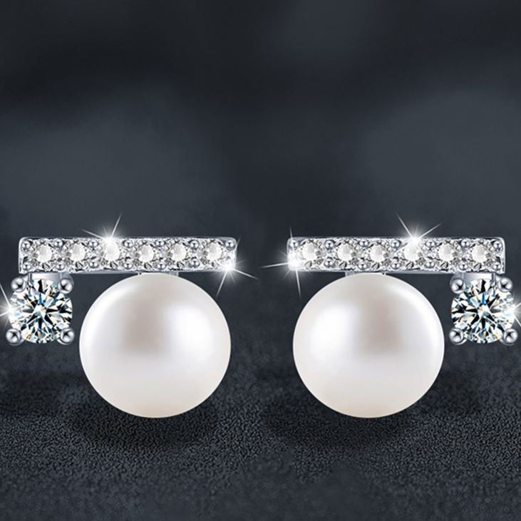 925 Sterling Silver "Balance Beam" Earrings featuring Natural Freshwater Pearls and Moissanite