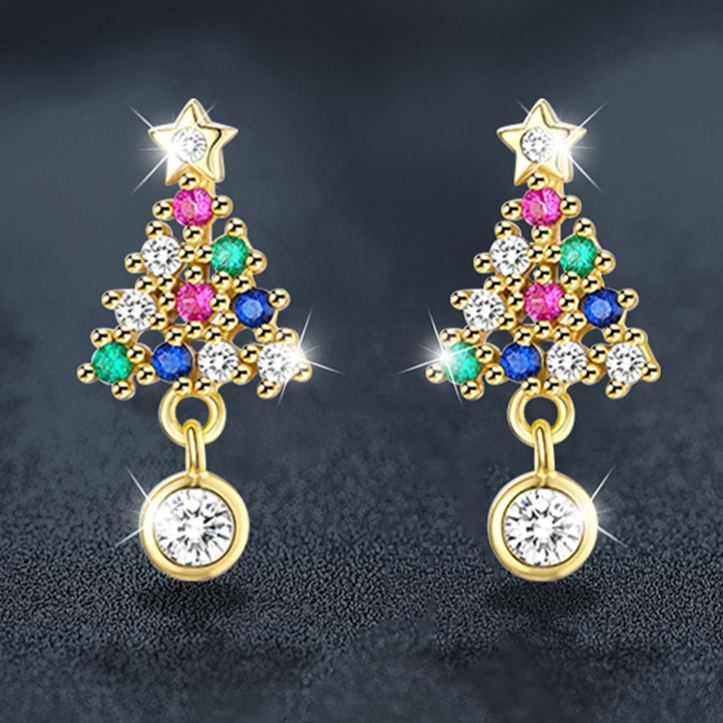 Moissanite Colorful Diamond Christmas Tree Stud Earrings — 925 Sterling Silver, Elegant Christmas Jewelry