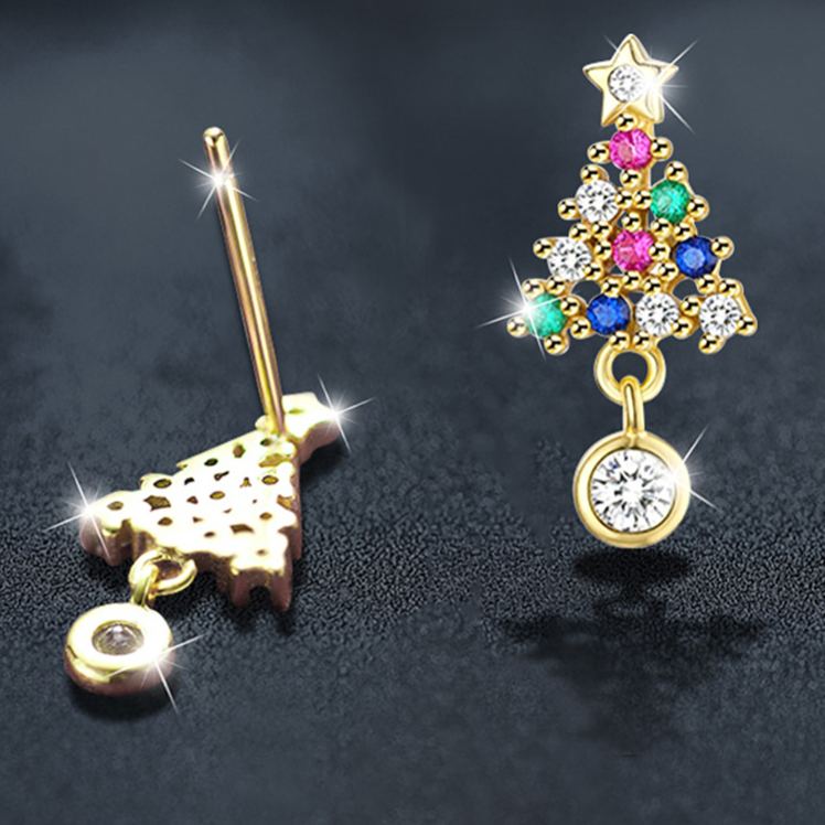 Moissanite Colorful Diamond Christmas Tree Stud Earrings — 925 Sterling Silver, Elegant Christmas Jewelry