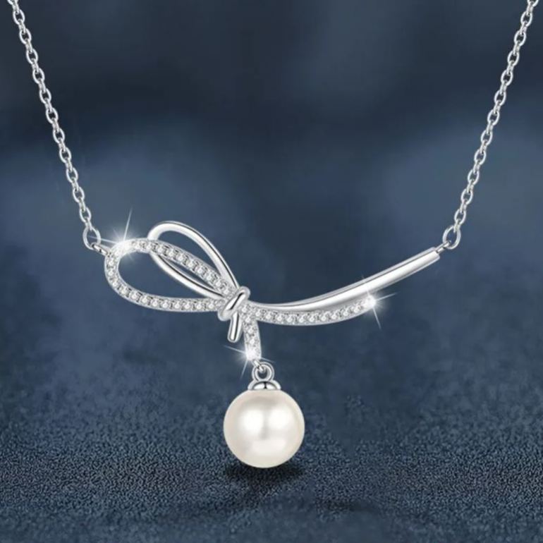 S925 Sterling Silver Moissanite Bow Pearl Pendant Necklace