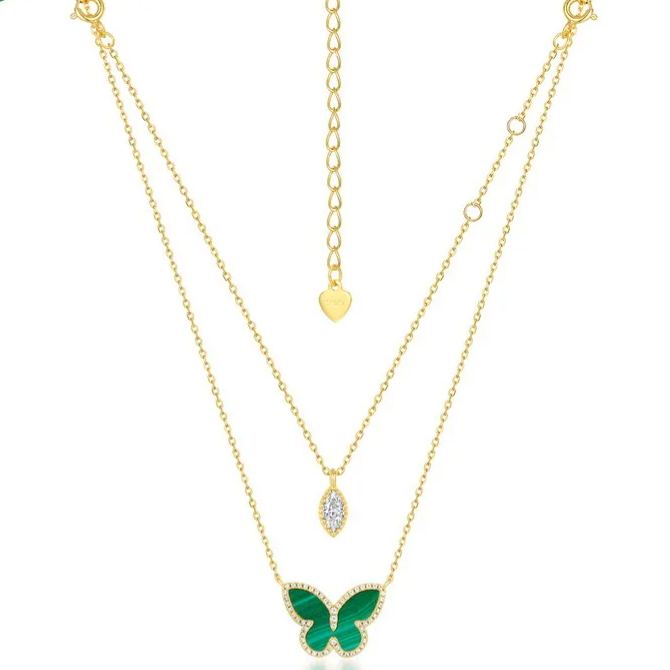 S925 Sterling Silver 10K Gold Green Malachite Butterfly Double Chain Necklace