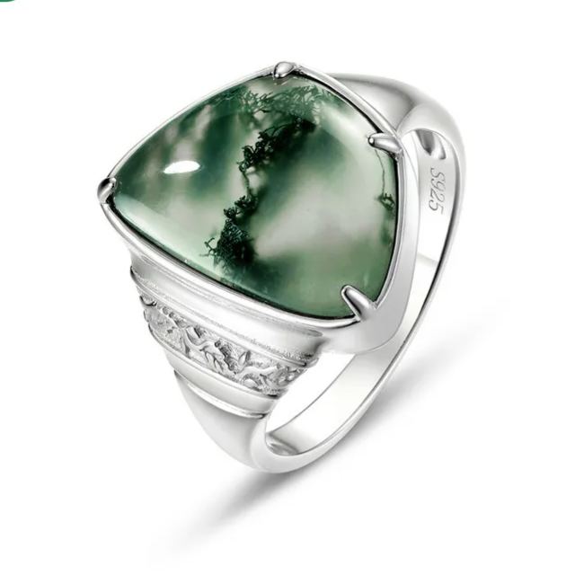 S925 Sterling Silver Gold-Plated Geometric Irregular Moss Stone Ring