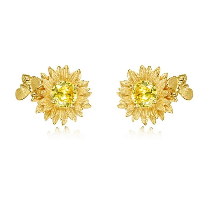 S925 Sterling Silver Gold-plated Sunflower Earrings Set with Yellow Zircon.