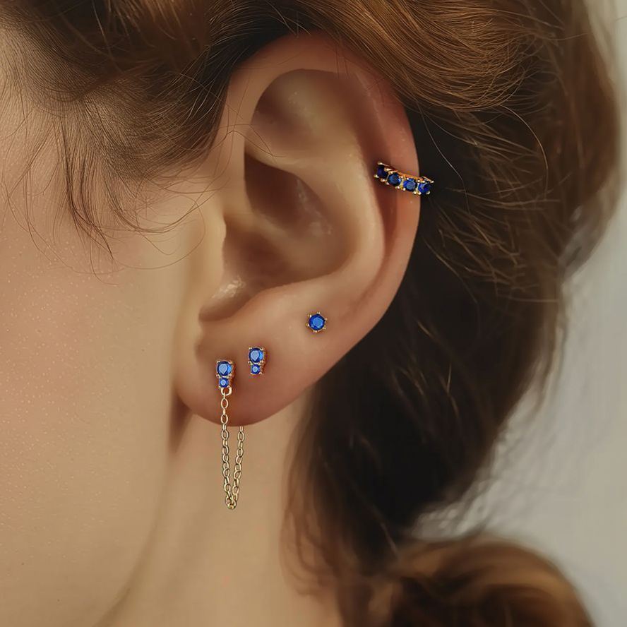 S925 Sterling Silver Geometric Stud Earrings with Blue Zirconia